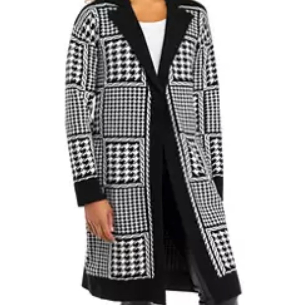 Tahari Houndstooth‎ Patchwork Knit Duster Cardigan Black White Long Sweater M